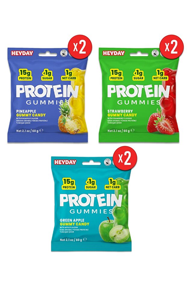 HEYDAY Protein Gummy, Yüksek Proteinli Jelibon, 15g Yüksek Proteinli, Şekersiz, Glutensiz, 60g x 6 adet