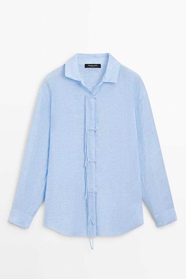 Dökümlü %100 keten gömlek - 5