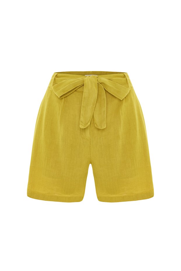 Women's Mustard Color Linen Shorts with Tie Detail