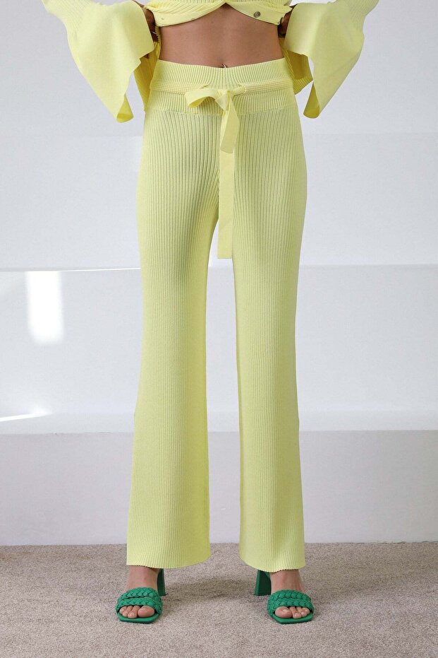 Yellow Drawstring Waist Slit Corded Fabric Women's Knitwear Trousers