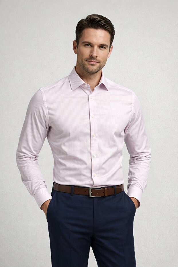 Men's Slim Pink Ç Striped P Cotton U Classic Cut Long Sleeve Office Shirt