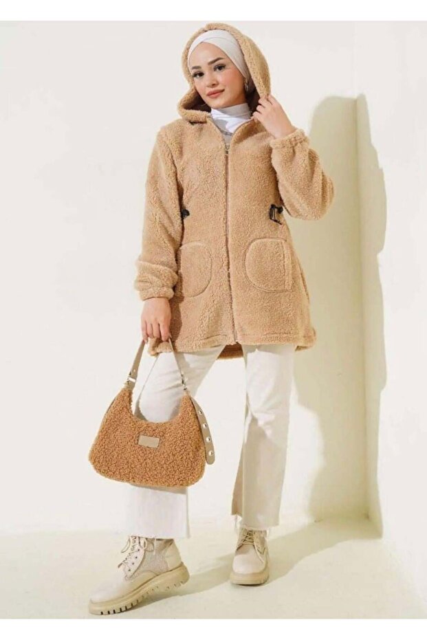 Women's Elastic Waist Plush Cardigan Beige