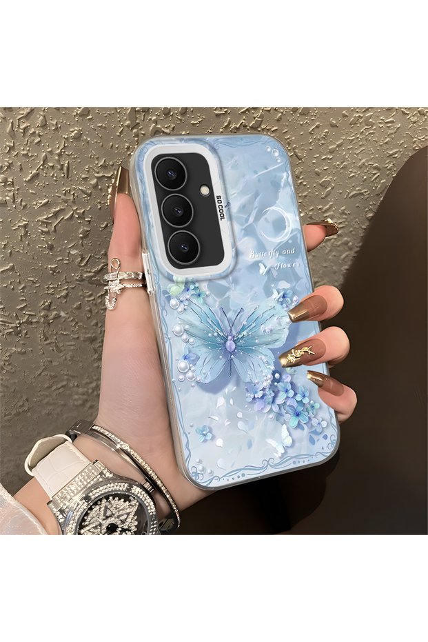 Samsung Galaxy S25 Fe Compatible Kelebek Patterned Silicone Edge Hard Back Anti-Fall Phone Case