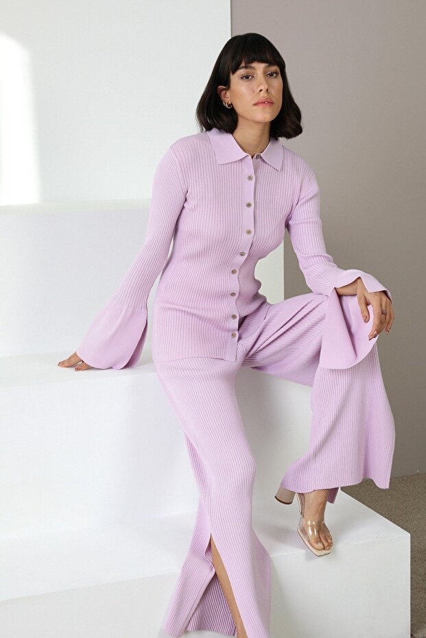 Lilac Buttoned Spanish Sleeve Slit Detailed V Viscose Knitwear Cardigan