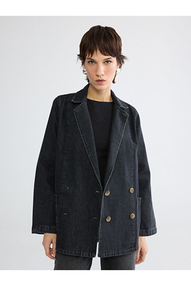 Black Double-Breasted Collar Women's Jean Blazer Jacket
