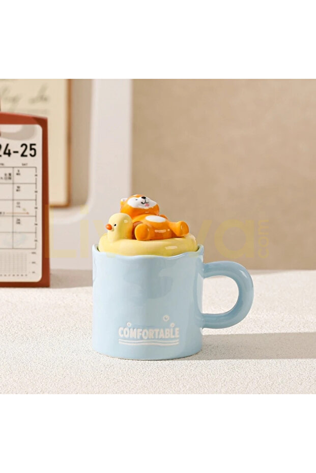 Puppy-Themed Duck Ceramic Mug with Dog Figure, Lid and Spoon - Blue