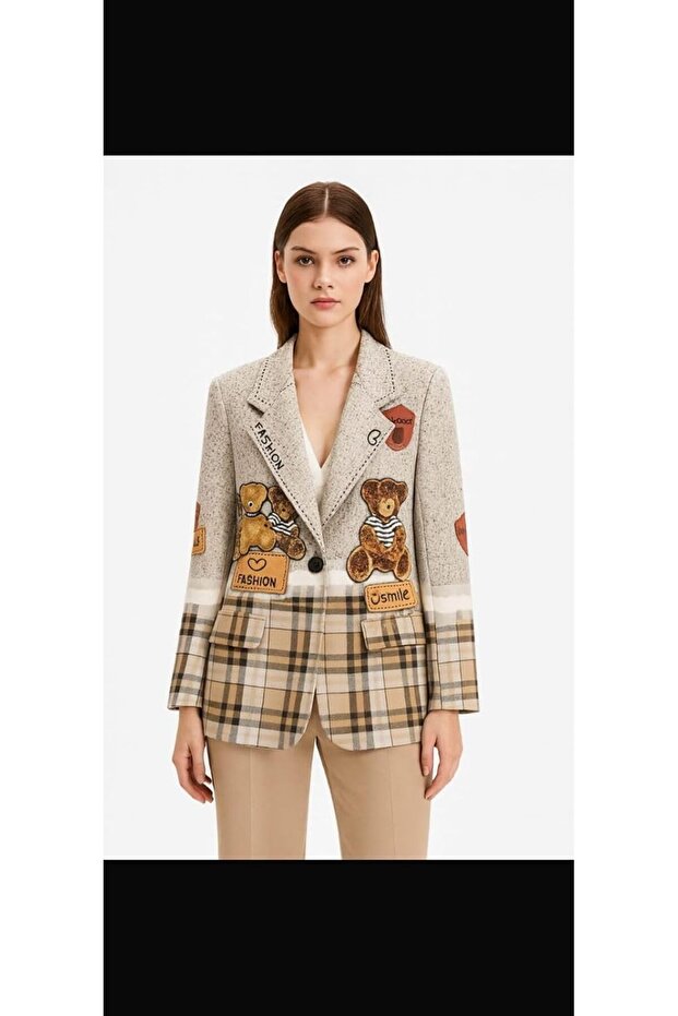 Women's Printed Teddy Bear Blazer Jacket