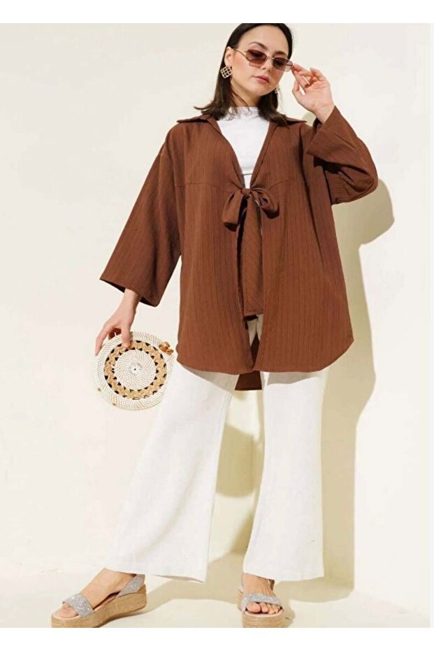 Women's Front Lace-Up Kimono Brown