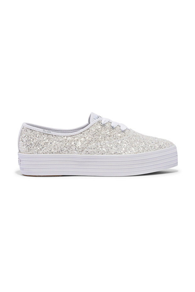 Women's Point Lace Up Platform Glitter Casual Sneaker White