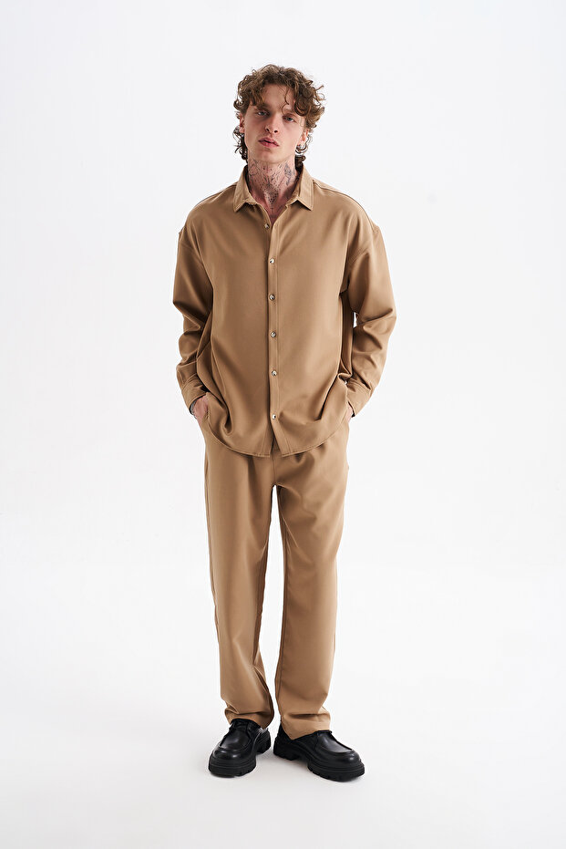 Men's Double Fabric Long Sleeve Shirt and Elastic Waist Pants Set