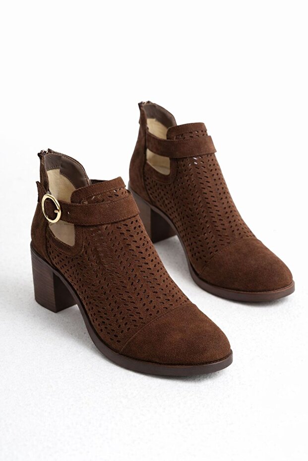 Women's Brown Suede Zippered Heeled Perforated Summer Boots