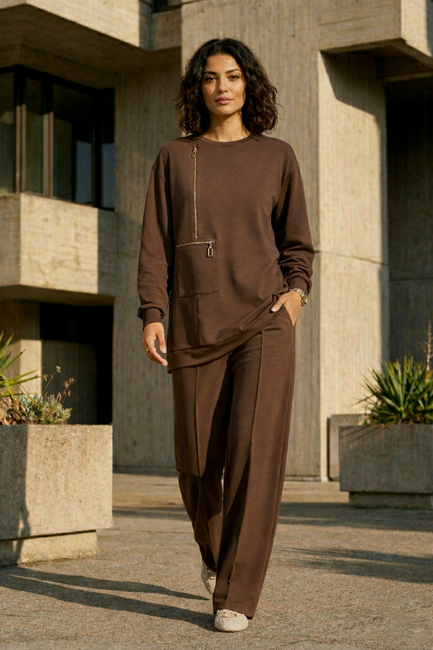 Zipper and Ribbed Detail Tunic Trousers Set 1077 Brown