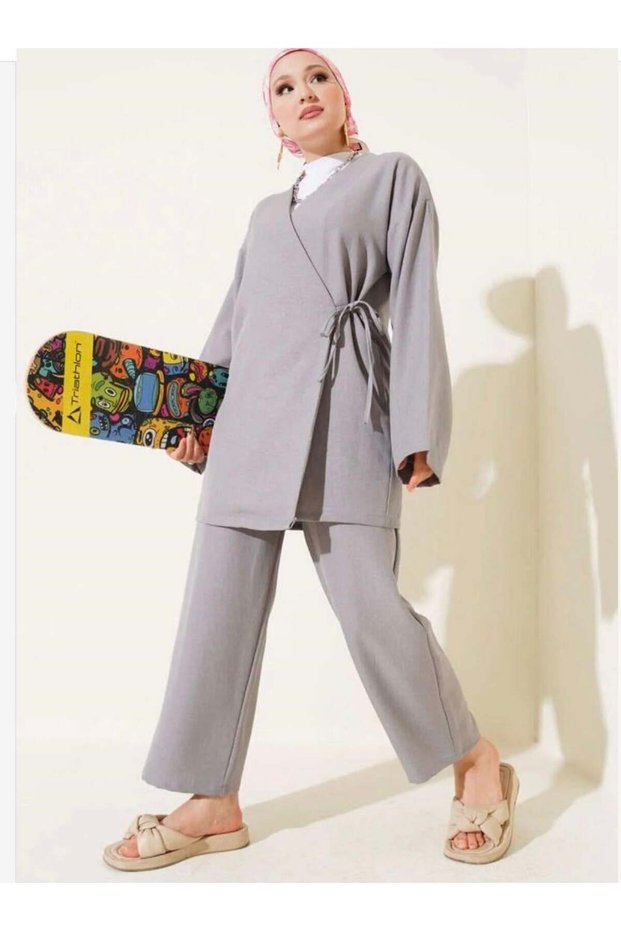 Women's Lace-Up Kimono Set Gray