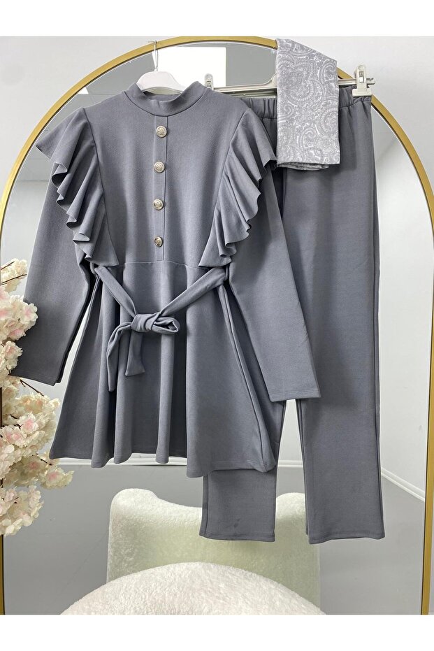 Women's Ruffled Shoulders Belted Double Suit Set Gray
