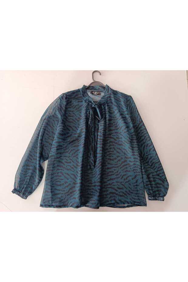 Tie Collar Chiffon Zebra Patterned Plus Size Women Blouse