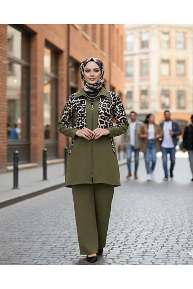 Women's Leopard Patterned Two-Piece Set Khaki