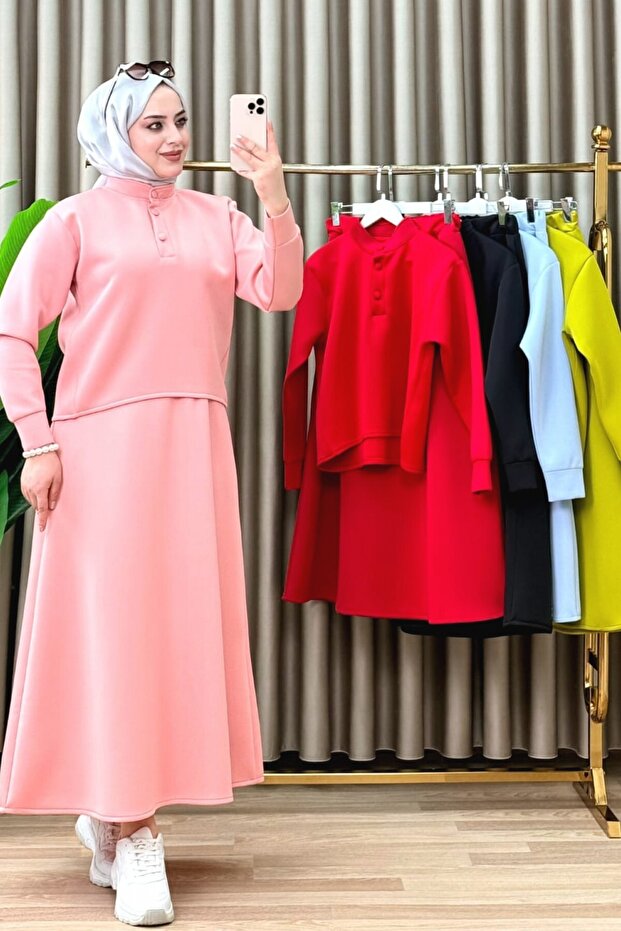 Delal Skirted Suit Scuba Fabric Women's Pink Collar Buttoned Skirted Hijab Two-Piece Suit