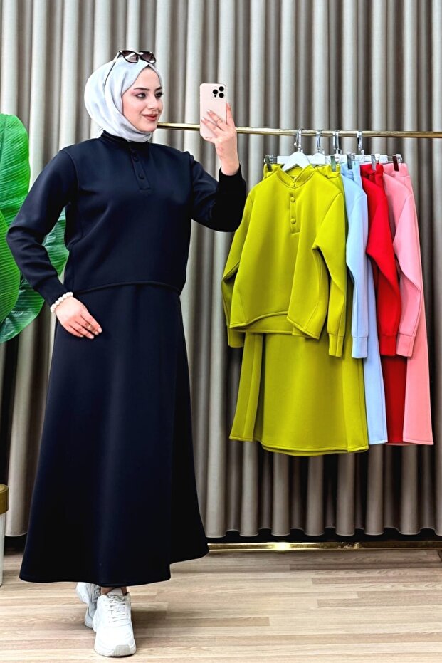 Delal Skirted Suit Scuba Fabric Women's Black Collar Buttoned Skirted Hijab Two-Piece Suit