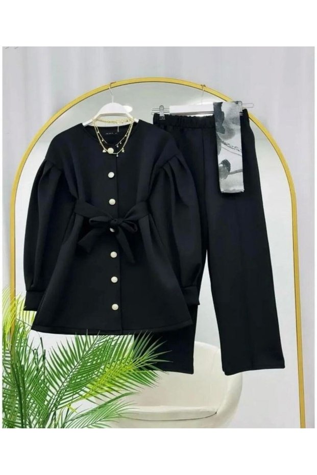 Women's Shoulder Pleated Belted Double Suit Black