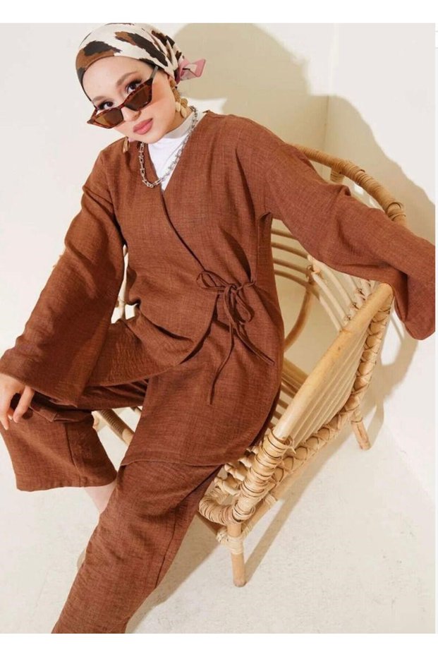 Women's Lace-Up Kimono Set Brown