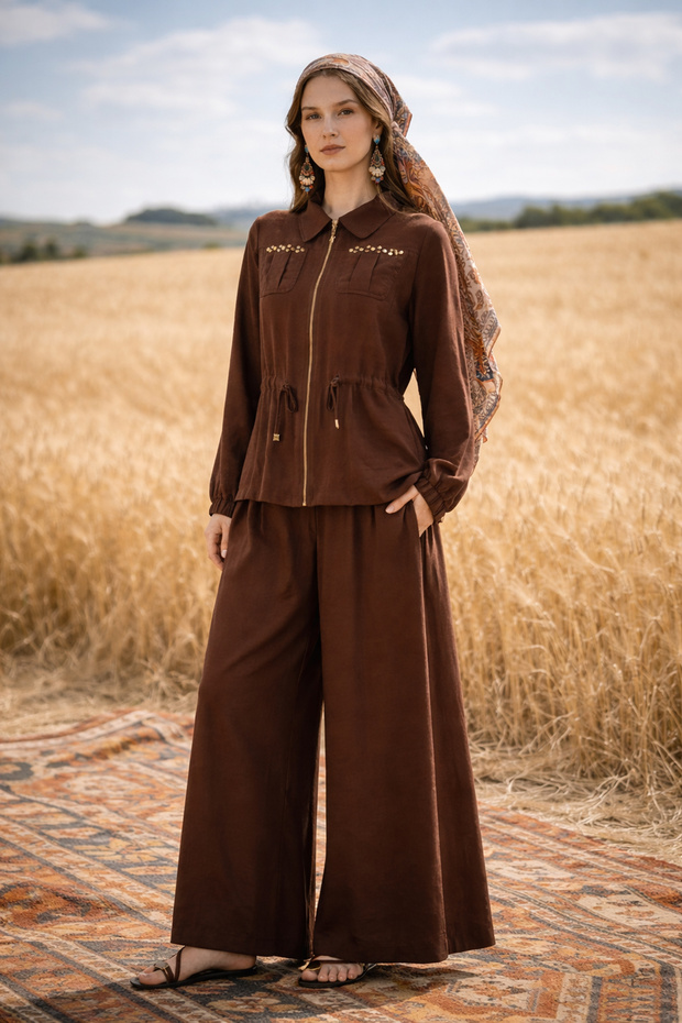 Staple Detail Jacket Pants Skirt Suit 1049 Brown