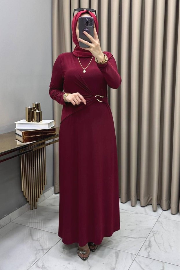 Hadise Dress Burgundy Women's Sandy Fabric Comfortable Cut Dress with Waist Accessory Detail