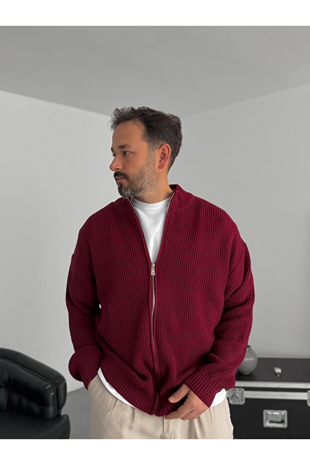 Bordo Fermuarlı Triko Örme Hırka JJ-181 - 6