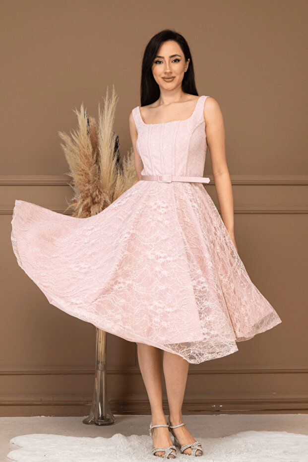 Lace Sequin Balen Detailed Midi Dress - Powder