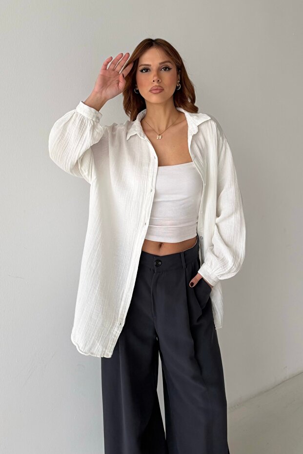 Kadın Oversize Balon Kol Basic Müslin Gömlek - 7