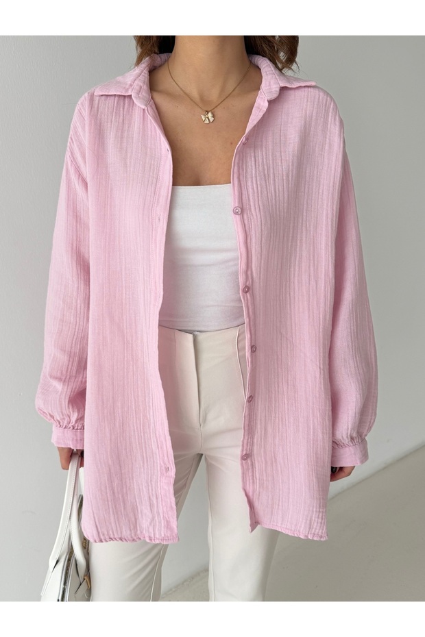 Kadın Oversize Balon Kol Basic Müslin Gömlek - 7