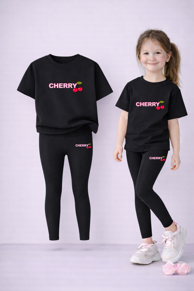Girl's Set T-Shirt and Stretchy Leggings Set 100% Cotton Cherry Print – Comfortable Sports Combination