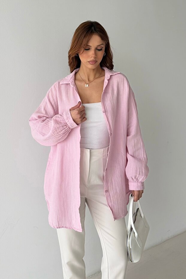 Kadın Oversize Balon Kol Basic Müslin Gömlek - 4