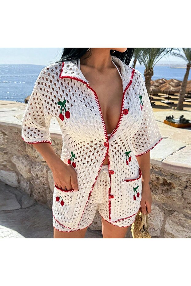 Cherry Embroidered P Cotton U Beach Set - 1