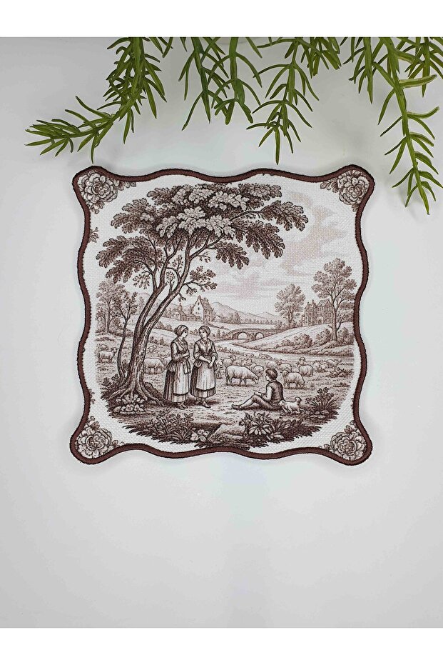 Brown Toile Elegance Series Embroidered Fabric Cocktail Napkins 1 Piece