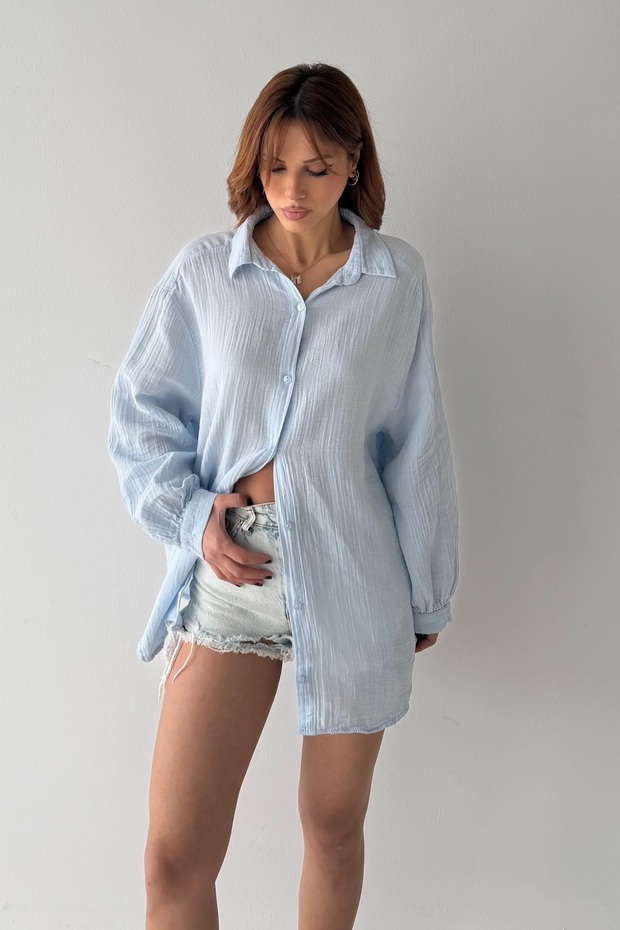 Kadın Oversize Balon Kol Basic Müslin Gömlek - 2