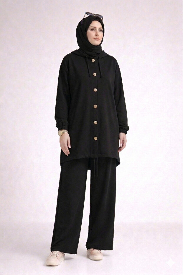 Tesettür Hooded Two Yarn Combed Cotton Ko Compact Ul Sequin Detailed Ov Oversized Por Long Tunic Cardigan