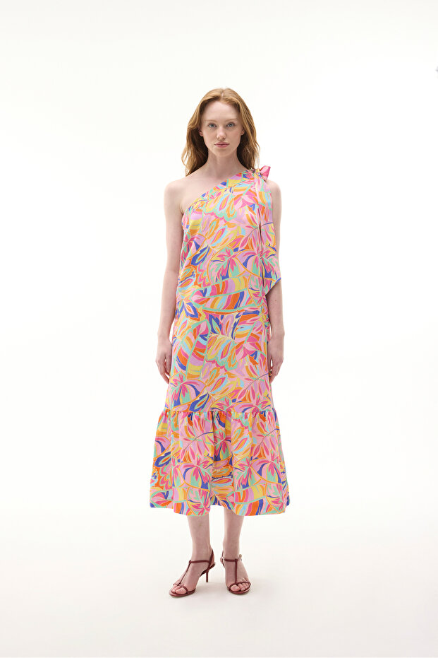 BASKILI TEK OMUZ MİDİ ELBİSE - 1