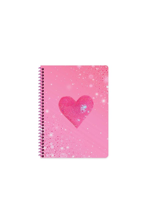 16.5X22.5 Spiral Cardboard Cover Striped Sequin Heart Notebook - Pink