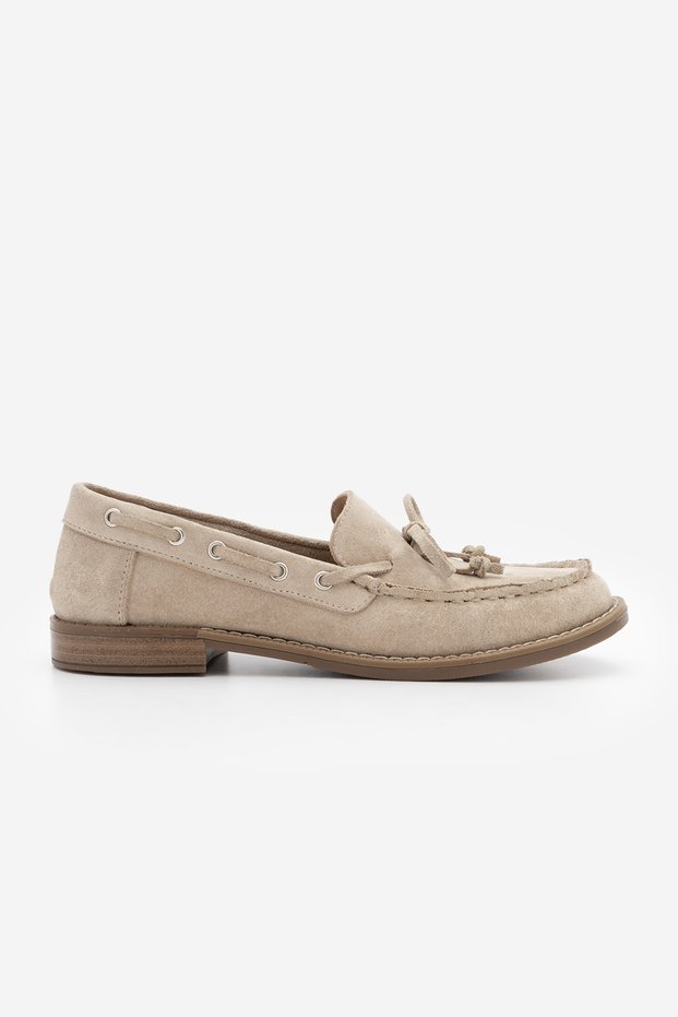 Women's Genuine Leather Seam Detail Bowknot Vardola Loafers Casual Shoes Savron Beige Suede