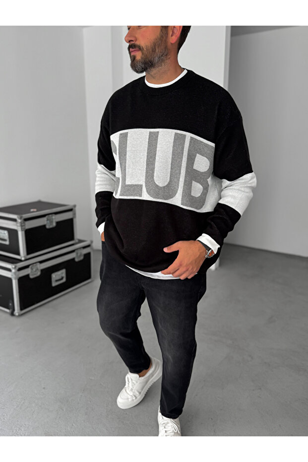 Siyah Club Nakışlı Triko Sweatshirt PM-03 - 3