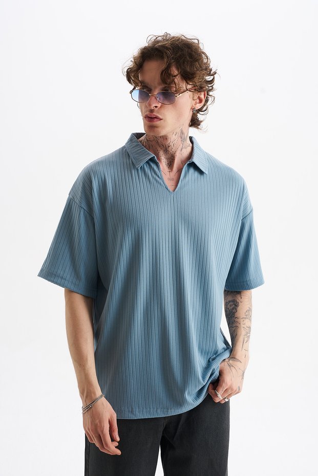 Thick Knitted Corded Fabric Fabric, Men's Pear Polo Neck T-Shirt, Men's Polo Neck T-Shirt
