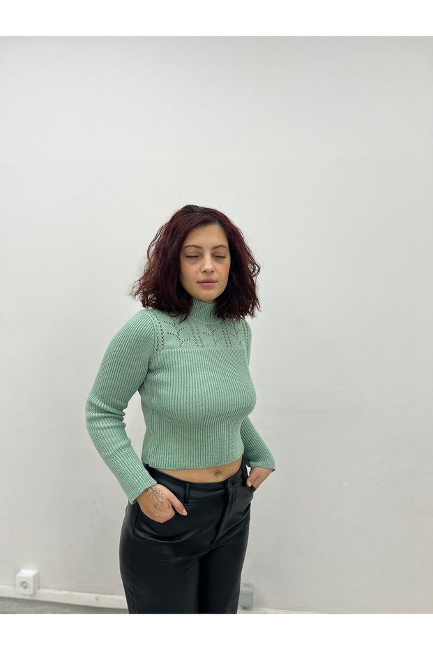Women's Lace-Like Knit Half Turtleneck Sweater Knitwear Patterned Stylish Comfortable Casual Combination Sweater