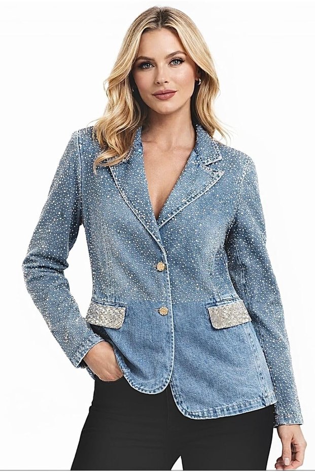Women’s Rhinestone Denim Blazer Jacket – Elegant Slim Fit Fashion Coat