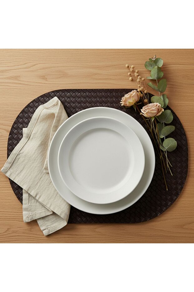 2 Pieces Leather Placemat-Knitted Patterned Brown Full Oval Placemat