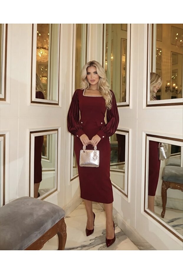Women's Imported Scuba Fabric Collar Stone Embroidered Sleeves Pleated Sleeve Button Detailed Lined Design Dress