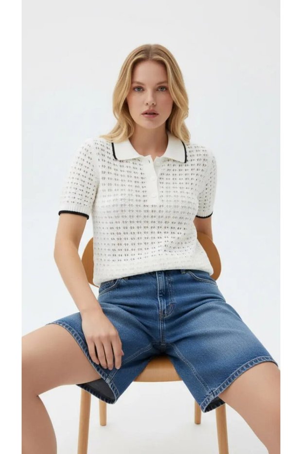 Women's Polo Collar Knitted Detail Buttoned Knitwear Sweater 8717Sw