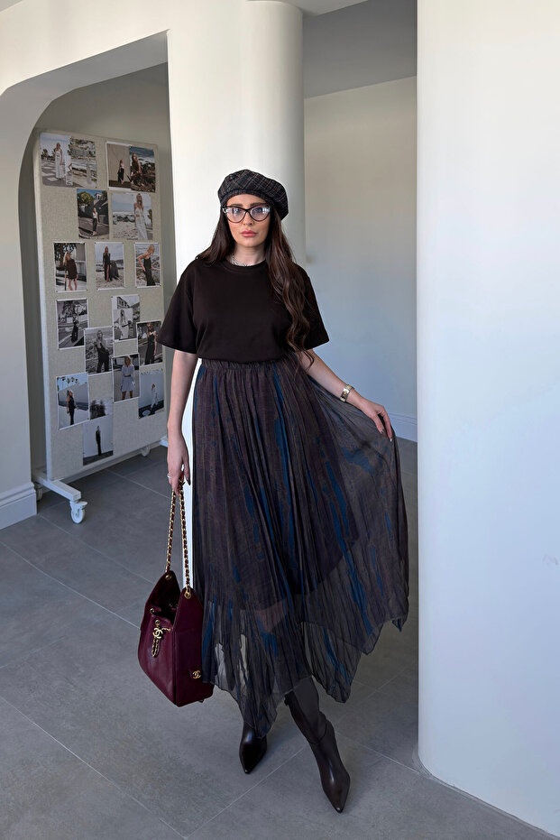 تنورة شيفون مبطنة بنمط الباتيك - أزرق داكن - 4