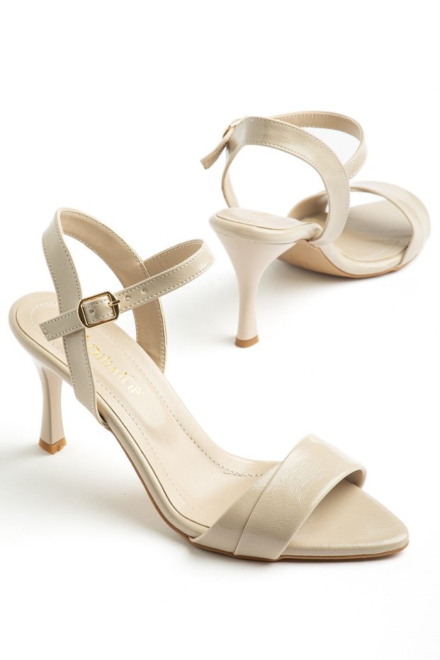 Women's Stiletto Heel U S Sandals Beige Shiny Skin Thick Single Band