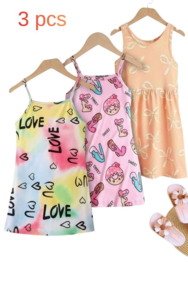 3Pcs Girls' Rope Strap L Stretch Fabric Summer Dress