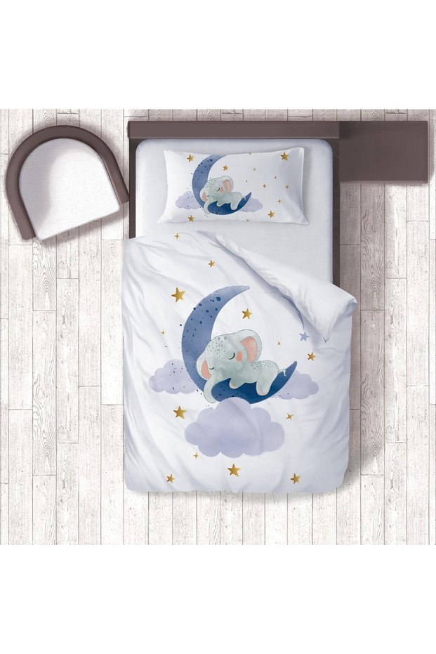 Children's Room Cotton Lu Duvet Cover Set Bed Sheet Sız Sleeping Elephant and Moon